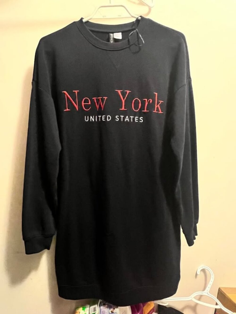 H&M Divided Sweatshirt Dress Women Black New York Embroidered Fleece Lined